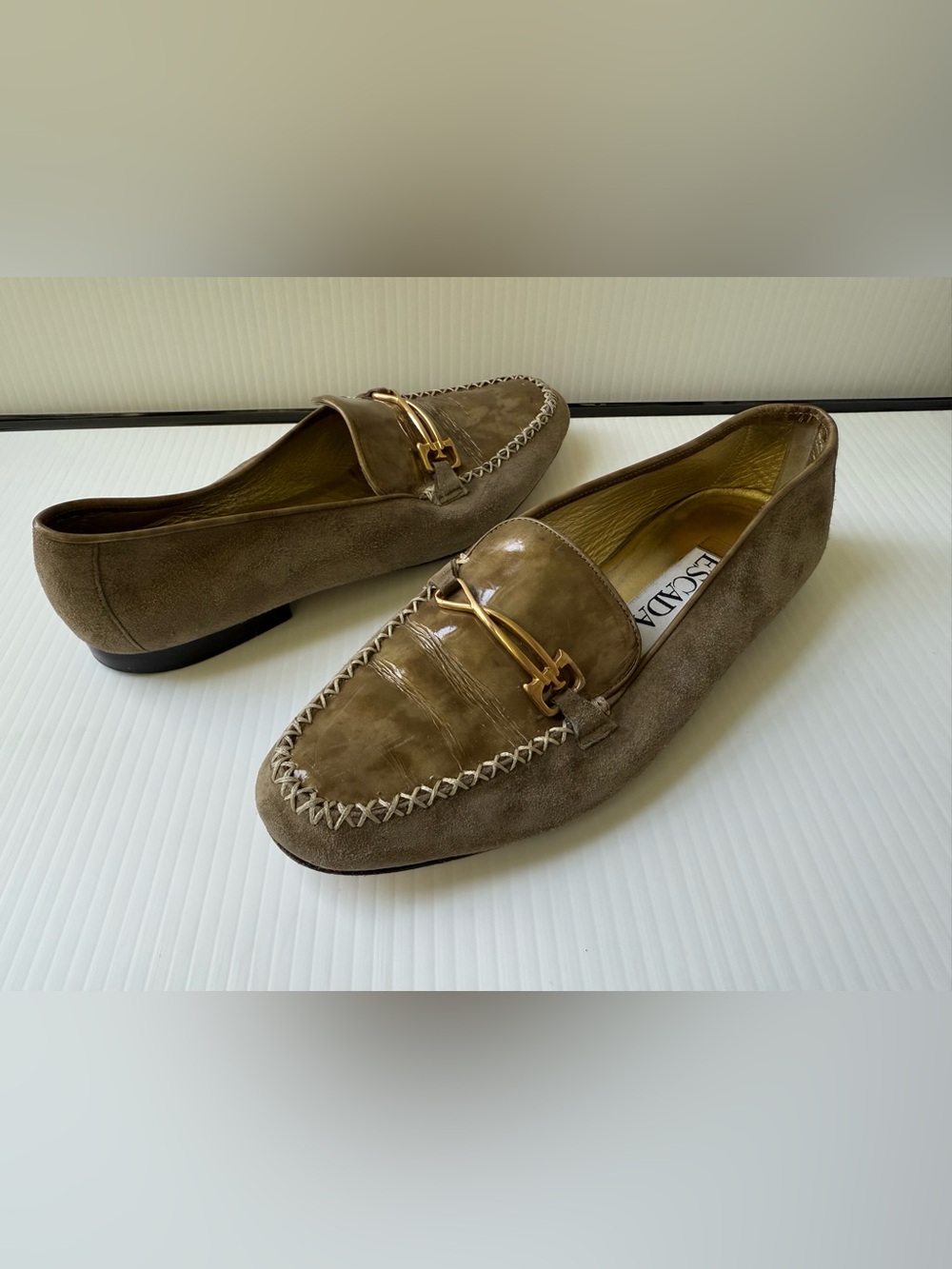 Escada Women’s Taupe Brown Suede & Patent Leather Loafers with Gold Hardware 7B